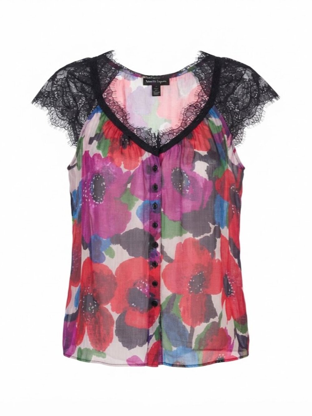 Nanette Lepore Black Lace Multicolor Floral Silk Blend Blouse US 8